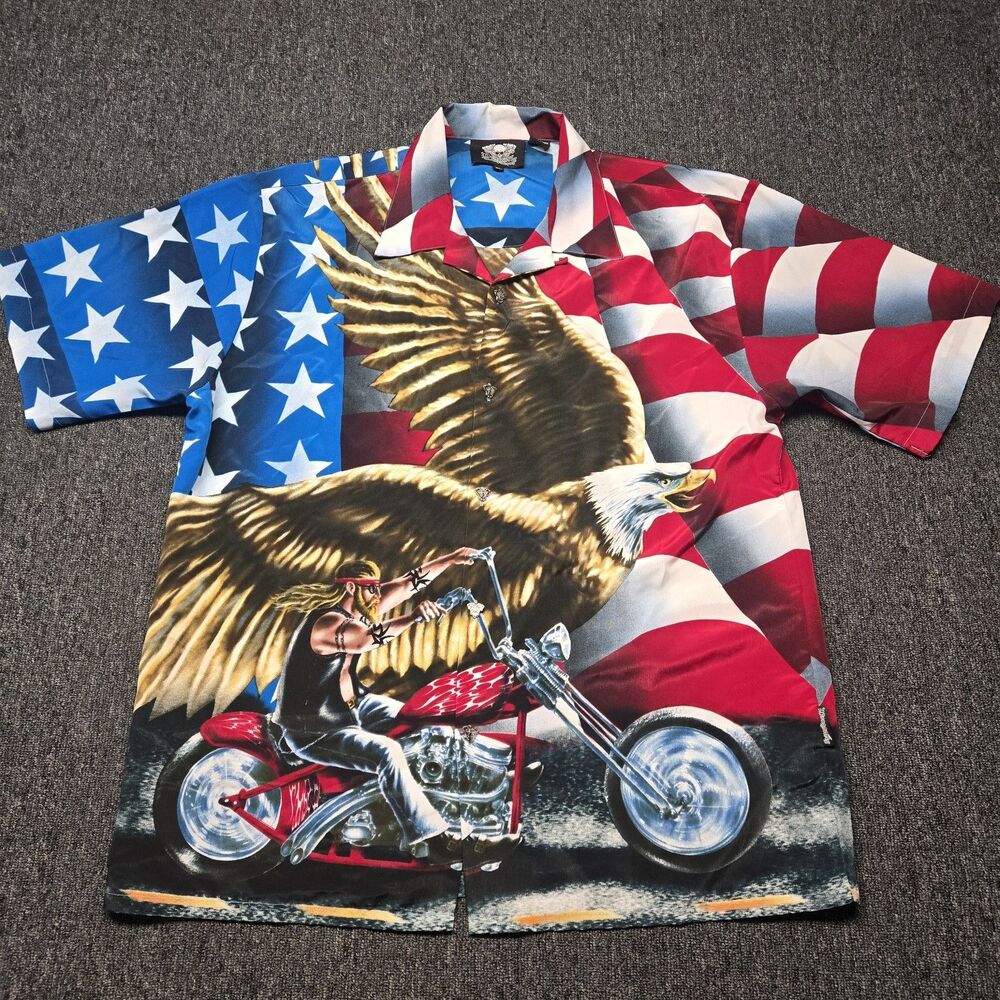 Vintage Dragonfly Shirt Mens XL Biker Eagle USA Flag Motorcycle Button Up Black